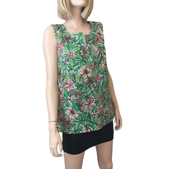 TALBOTS Floral Print Blouse Top Cotton Green Watermelon Sleeveless Tunic Tank - Picture 5 of 16